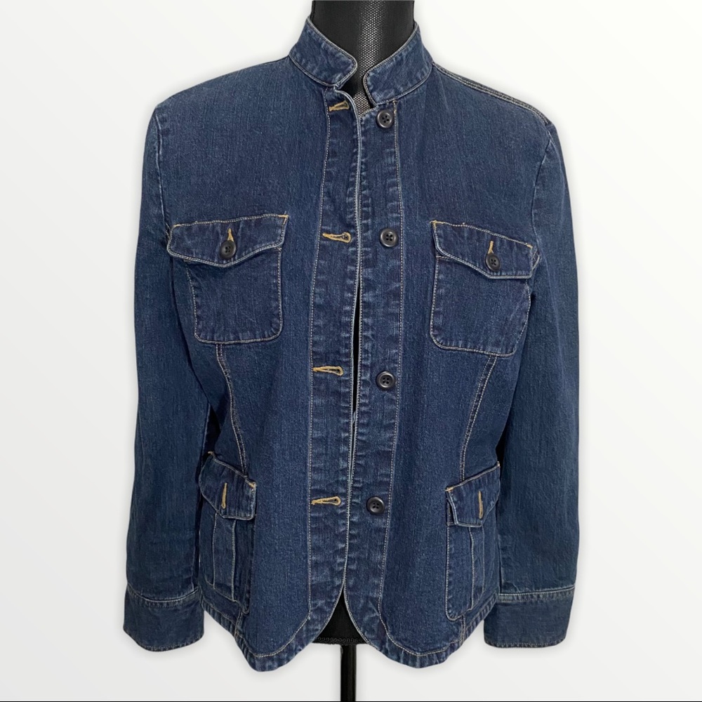 Land’s End Denim Jacket Size Medium Buttons up Mandarin Collar, Size M (10-12)